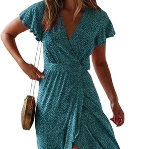 ZESICA Women's 2024 Bohemian Floral Printed Wrap V Neck Short Sleeve Split Large